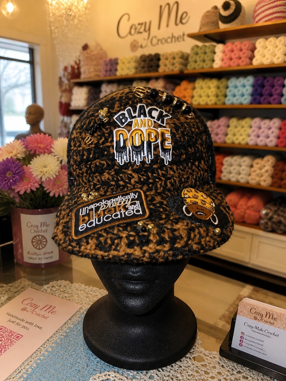 Black and Gold 'Black and Dope' Crochet Hat